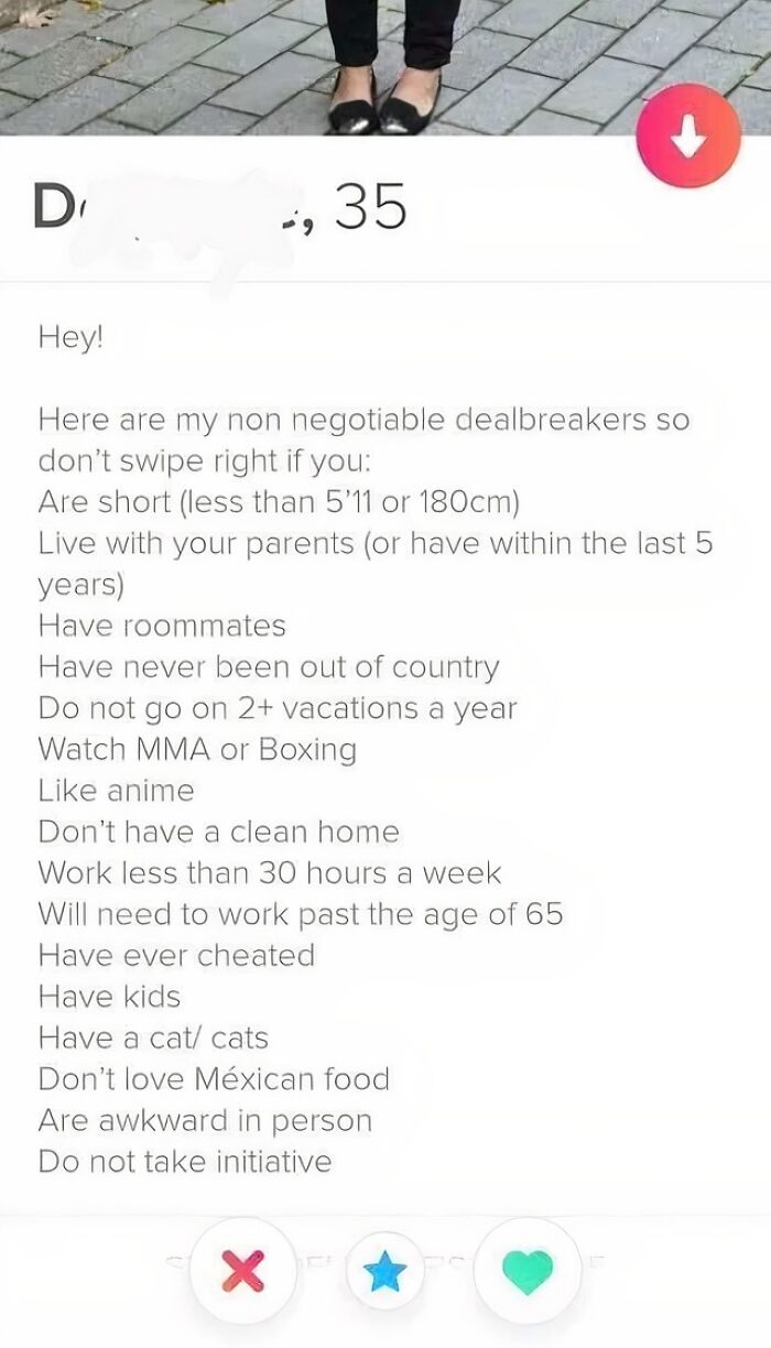 A screenshot of dating standards from a dating app profile listing numerous non-negotiable dealbreakers.