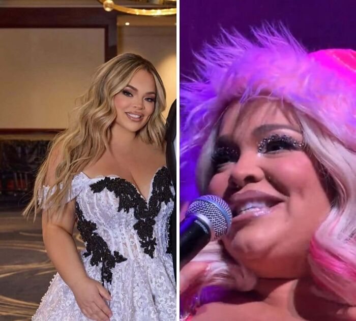 A split image of a woman, one side showing a natural look, the other an unnatural stage appearance for social media.