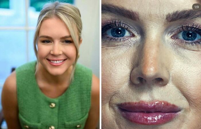 A split image shows a smiling woman in a green top on the left, and a close-up of a woman's heavily made-up eyes and lips on the right, illustrating people not natural on social media.