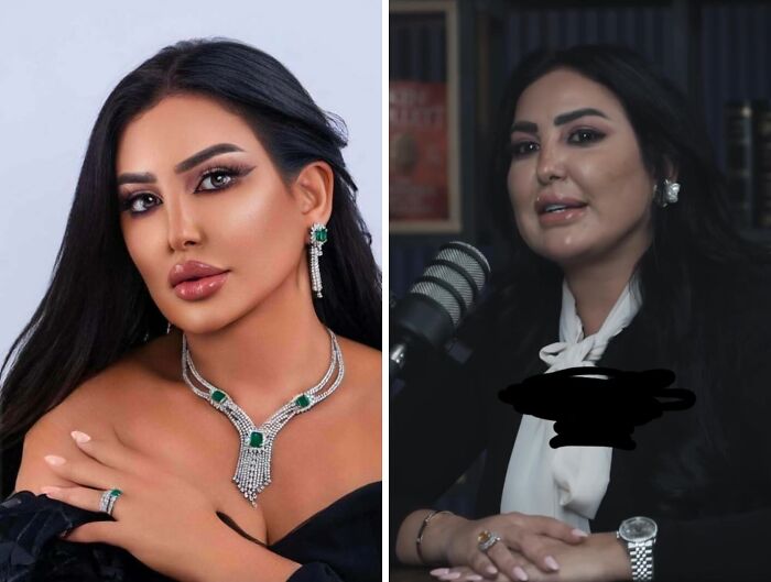 A split image showing a woman in a glamorous pose and a more natural, unedited appearance from social media.