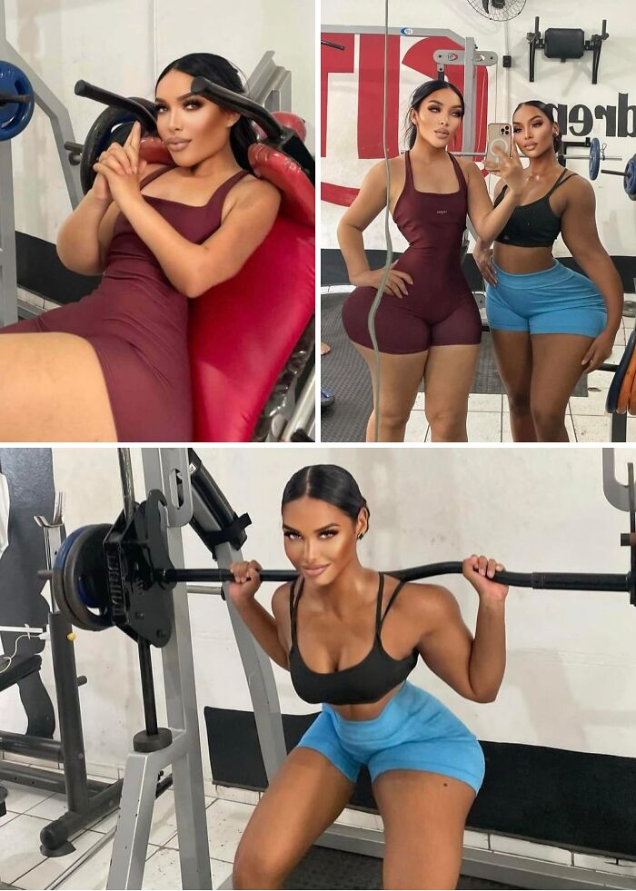 A collage of three images showing a woman in a gym, contrasting edited and natural body shapes on social media.