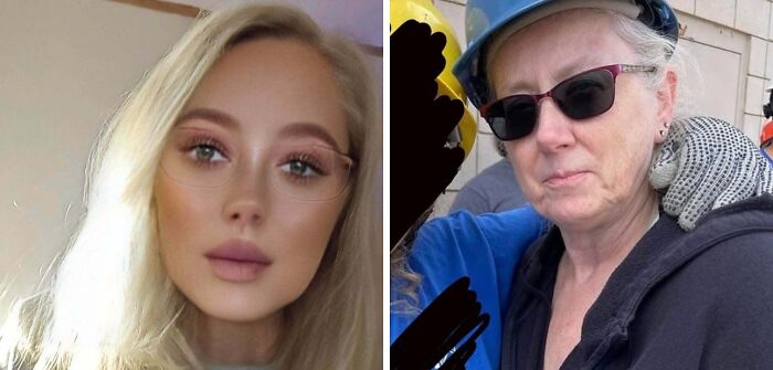 A split image showing two women with distinct appearances, highlighting edited vs. natural looks on social media.