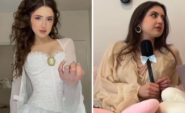 Side-by-side comparison of a woman in an elaborate dress and casual wear, highlighting unnatural social media.