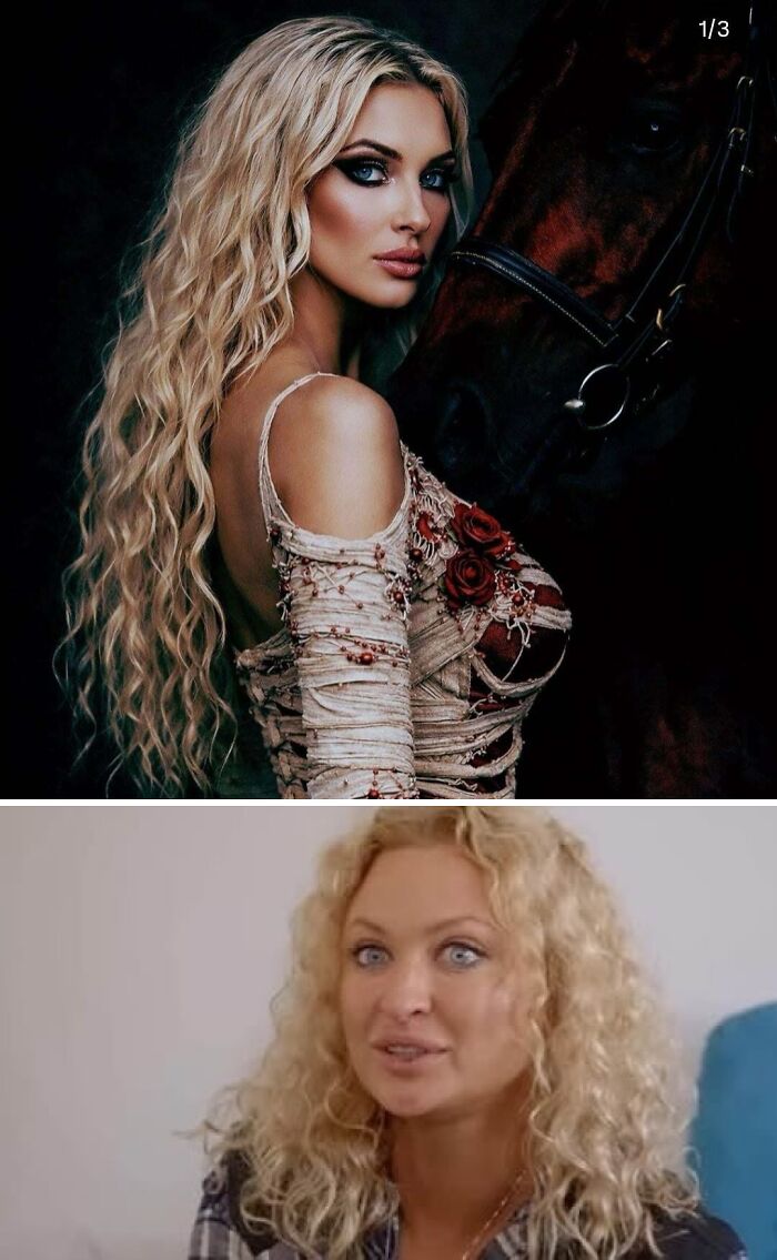 A two-panel image showing a woman with heavily edited hair and makeup versus her more natural social media look.