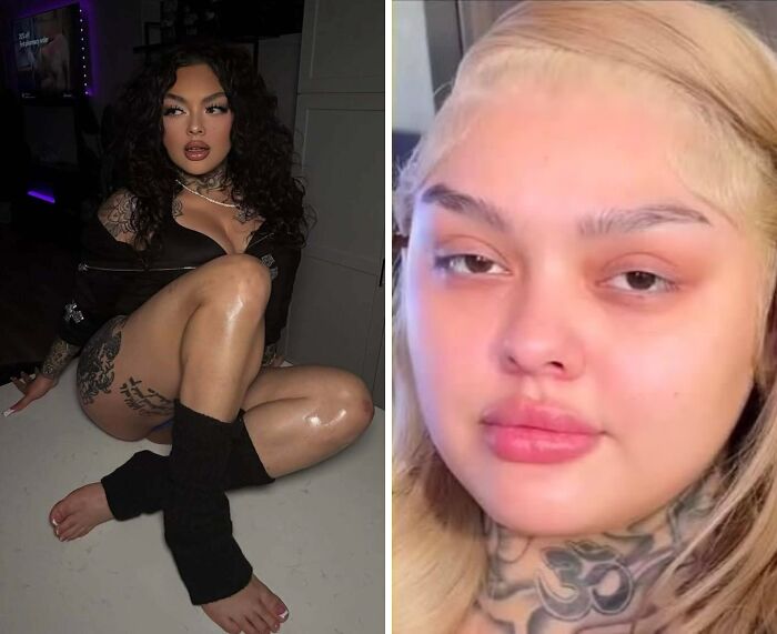 Split image of a woman with and without heavy makeup, highlighting people not natural on social media.