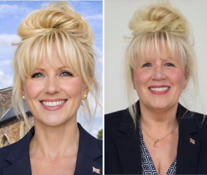 Side-by-side comparison of a woman before and after editing, showing people not natural on social media.