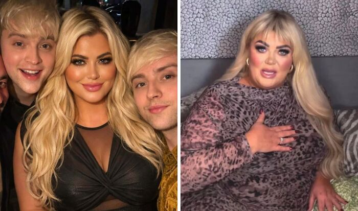 Split image of a woman with blonde hair; left side with two men looking natural, right side alone in leopard print.