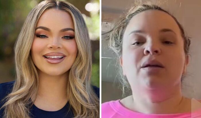 Side-by-side comparison of a woman with and without makeup, highlighting natural on social media appearance.
