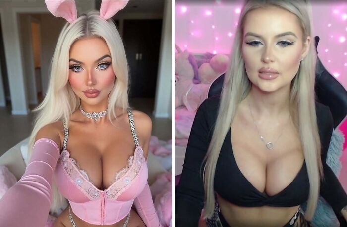 Two women pose for social media, one in bunny ears and the other with long blonde hair, looking unnatural.