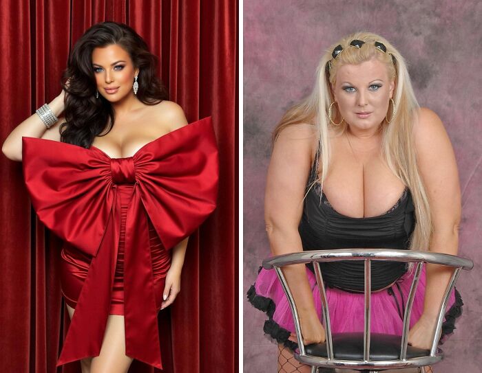 Two women pose for social media, one in a red bow dress and another in a pink skirt, looking unnatural.
