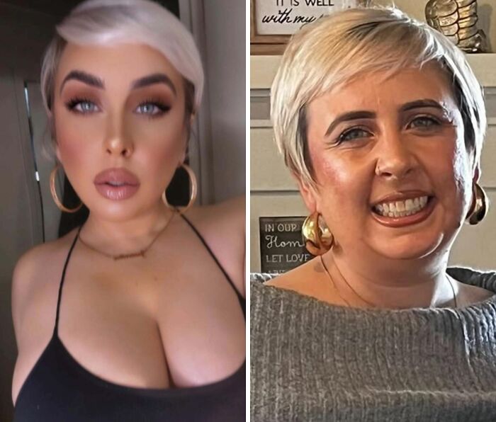 People who didn't even try to look natural on social media, woman with blonde hair and heavy makeup, and a natural woman.