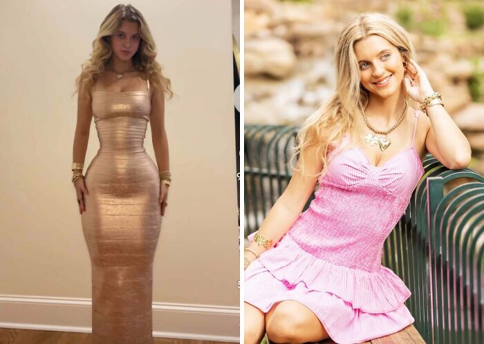 People who didn't even try to look natural on social media, woman in a gold dress and a woman in a pink dress.