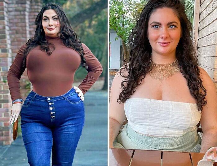 A woman on social media with an unnaturally exaggerated hourglass figure on the left and her natural appearance on the right.