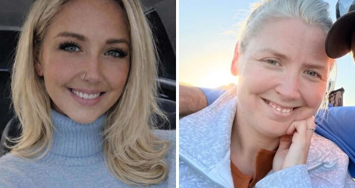 A split image showing two women, one with heavy makeup and the other looking natural on social media.