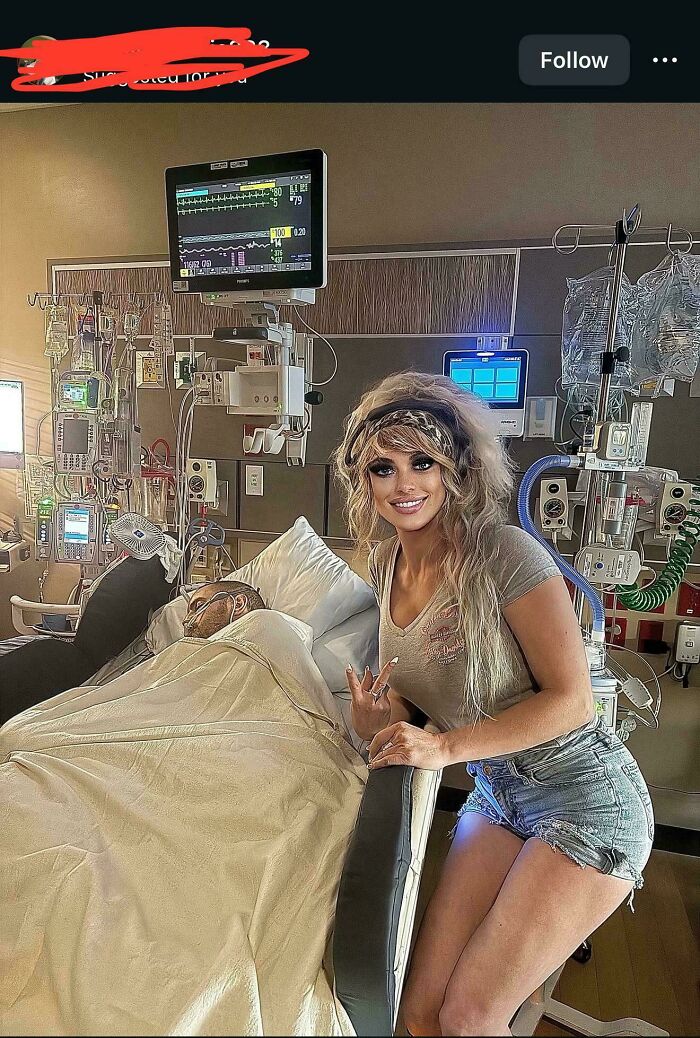 A woman posing in a hospital room next to a patient, with an unnaturally smooth face and edited features on social media.