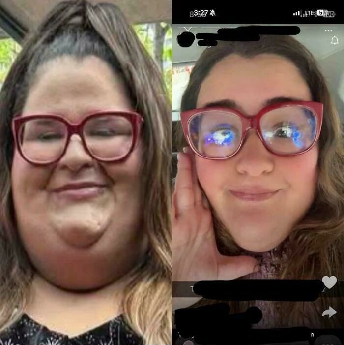 A woman showing an edited picture next to a natural picture on social media, highlighting the difference.