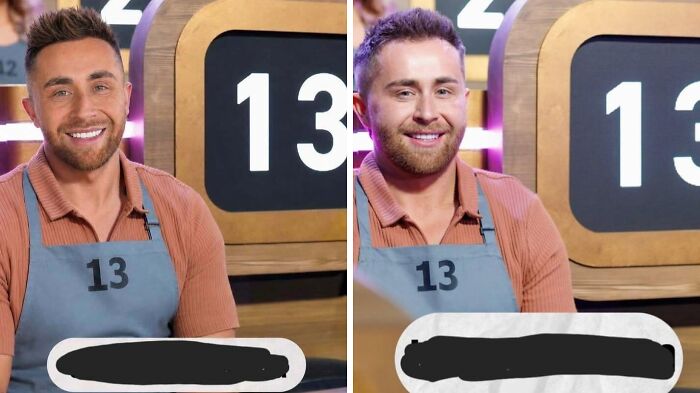 A man with a visibly smoothed face and natural face on social media, side-by-side in front of a number 13.