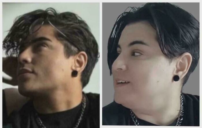 A split image of a person with a stylized haircut posing for social media, then a more candid, less natural look.