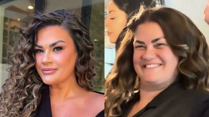 A split image showing a woman posing with perfect curls and makeup on one side, and her natural, smiling face on the other, for social media.