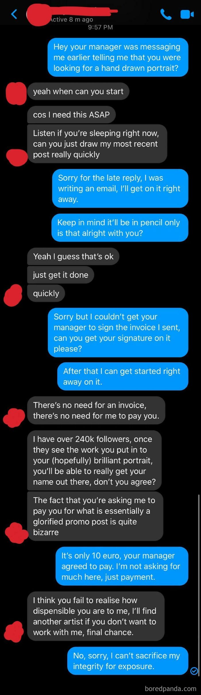 A text conversation showing a choosing beggar refusing to pay for a hand-drawn portrait, offering exposure instead.