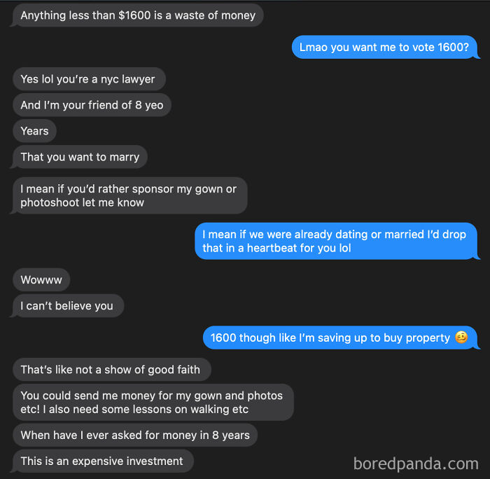 A screenshot of a conversation with a cheap friend asking to sponsor her wedding gown or photoshoot.