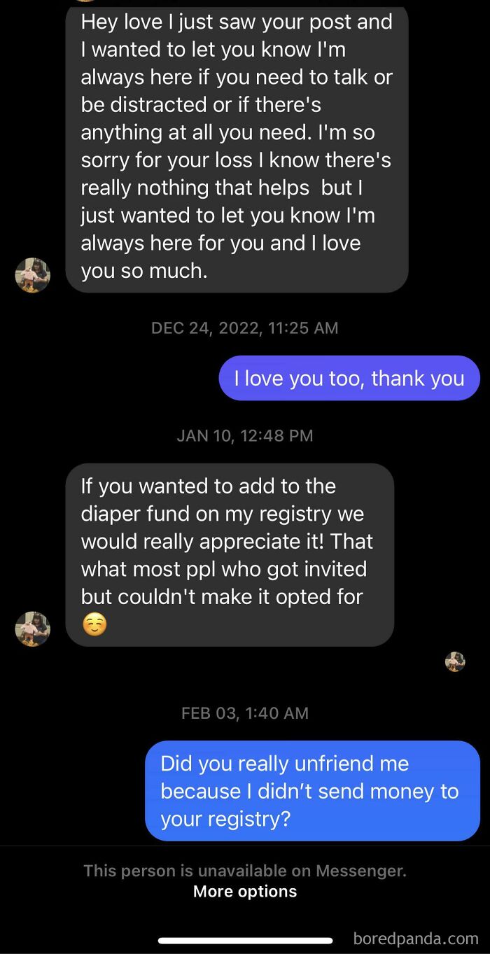 A text message exchange where a cheap friend becomes a choosing beggar, unfriending someone over a diaper fund.