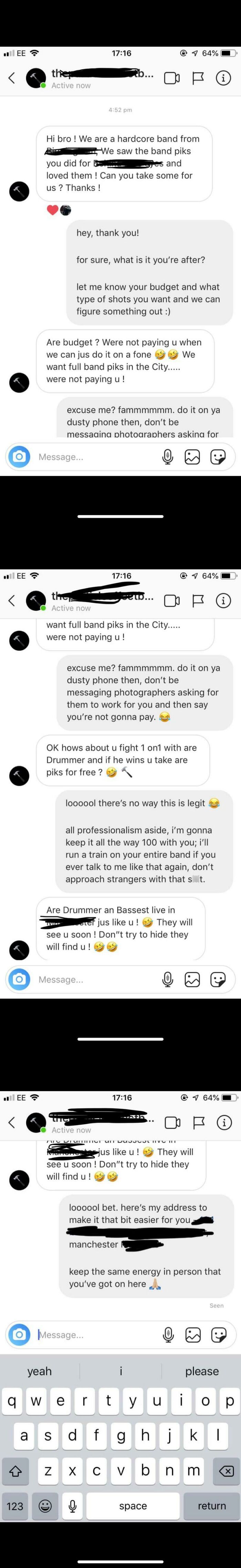 A lengthy chat with cheap friends about free band pics, showcasing choosing beggar behavior.