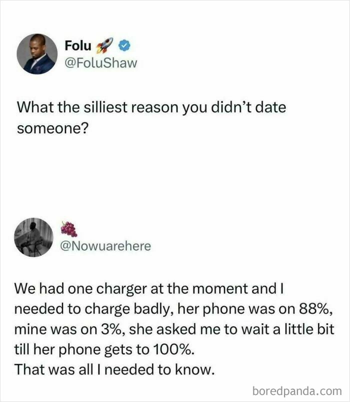 Funny comments from Twitter users about silly reasons for not dating someone because of a phone charger.