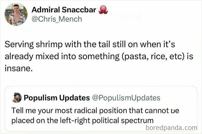 A tweet discussing the radical opinion that serving shrimp with tails on in mixed dishes is insane. Funny comments.