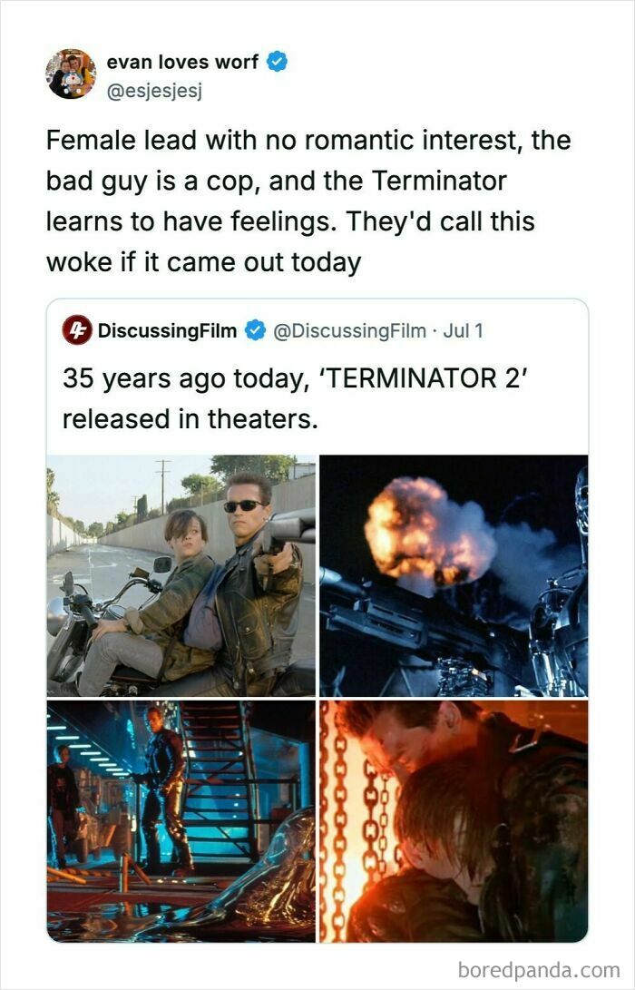 A compilation of four movie stills from Terminator 2, showcasing the film's action and character moments, as part of a funny comments thread.
