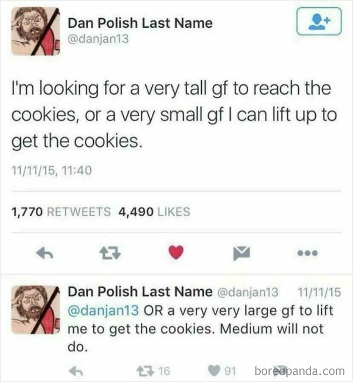 Funny comments on Twitter about finding a girlfriend of a specific height to reach cookies.
