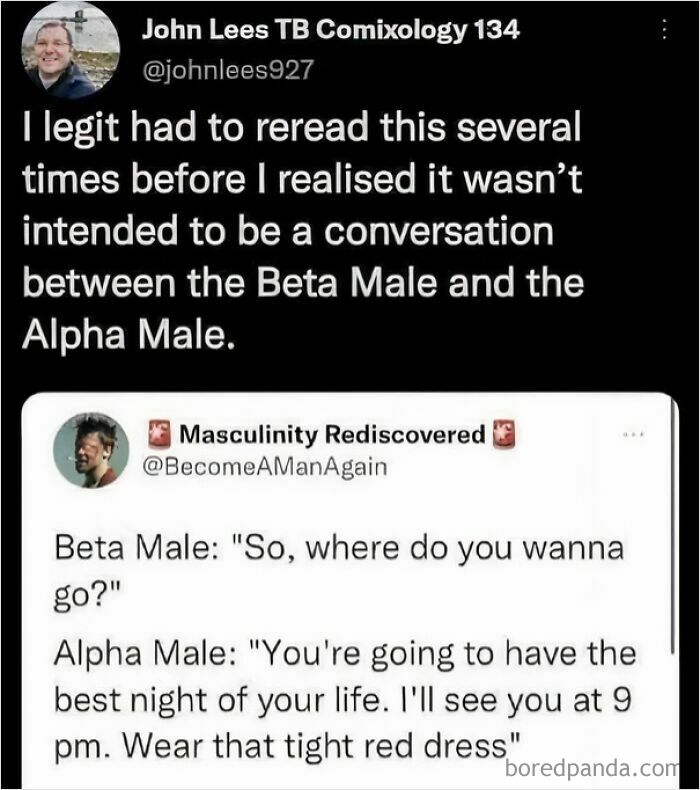 A tweet joking about a misinterpretation of a conversation between a Beta Male and an Alpha Male. Funny comments.