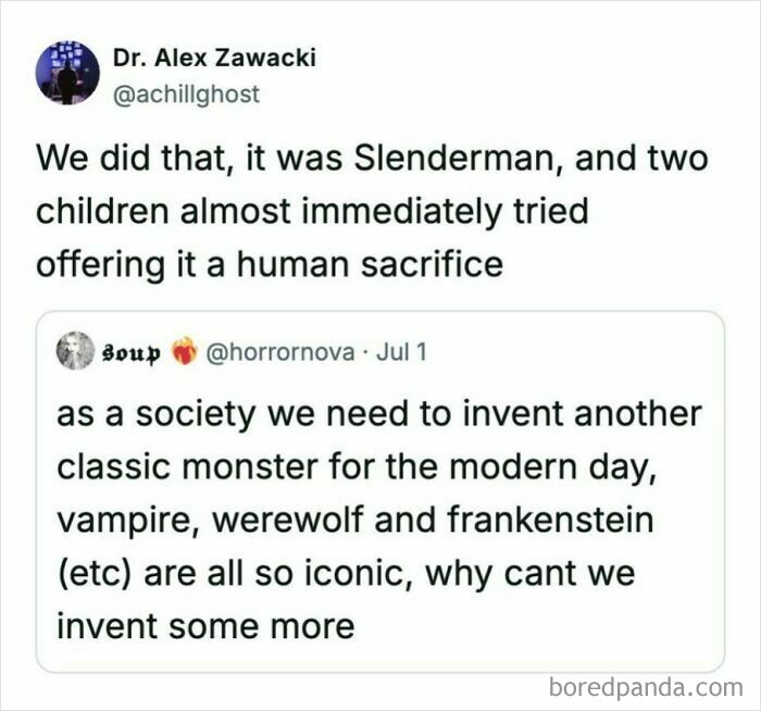 A screenshot of a funny comment on Twitter about inventing new classic monsters and Slenderman.
