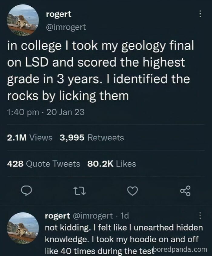 Funny comments tweet about a person passing a geology final by licking rocks after taking LSD.