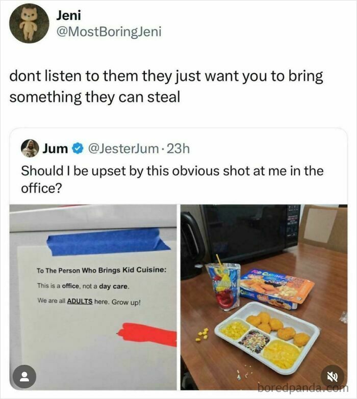 A funny comment showing a note in an office about bringing kid cuisine, next to a tray of kid's food.