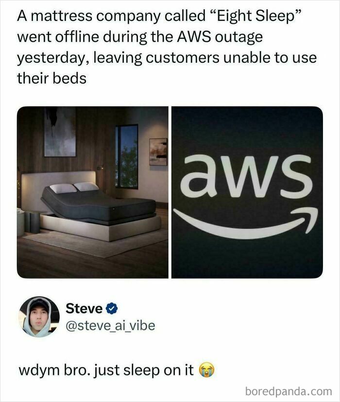 A funny comment about an Eight Sleep mattress company going offline during an AWS outage, showing a bed and the AWS logo.