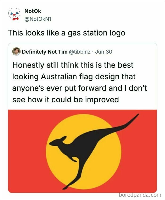 An image of the Aboriginal flag with a black kangaroo against a yellow circle on a red background, inspiring funny comments about its design.