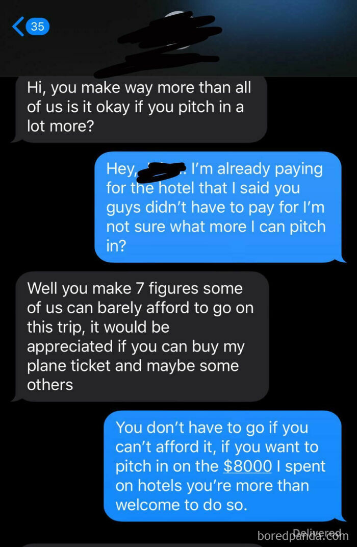 A text message conversation about cheap friends asking for more money for a trip despite prior contributions.