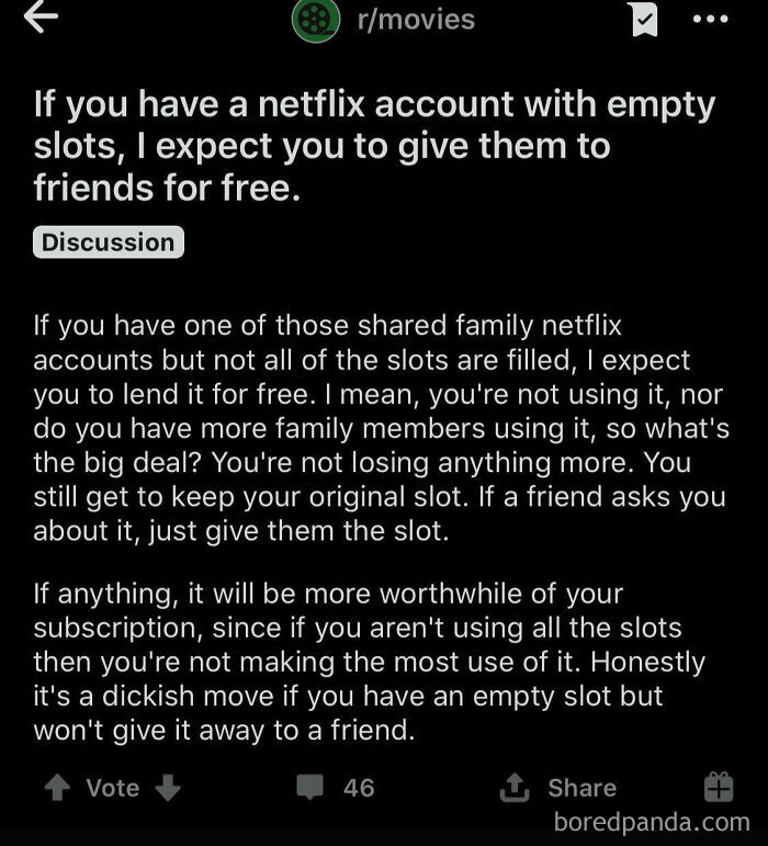 A Reddit post from r/movies discussing a choosing beggar expecting friends to share Netflix accounts for free.