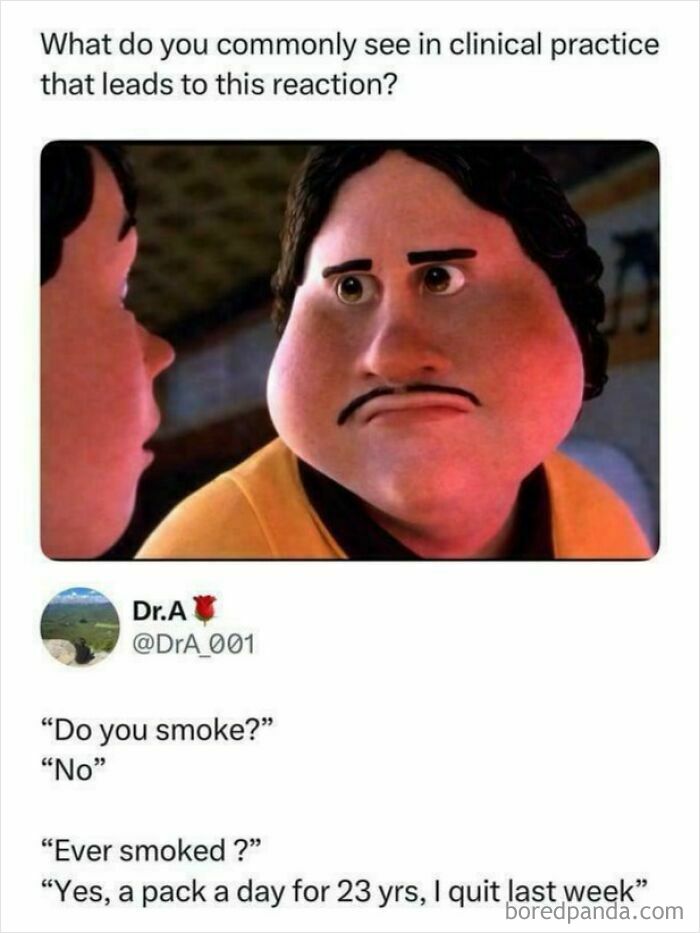 A funny comment featuring a meme of a man with swollen cheeks, representing a reaction to a doctor's questions.