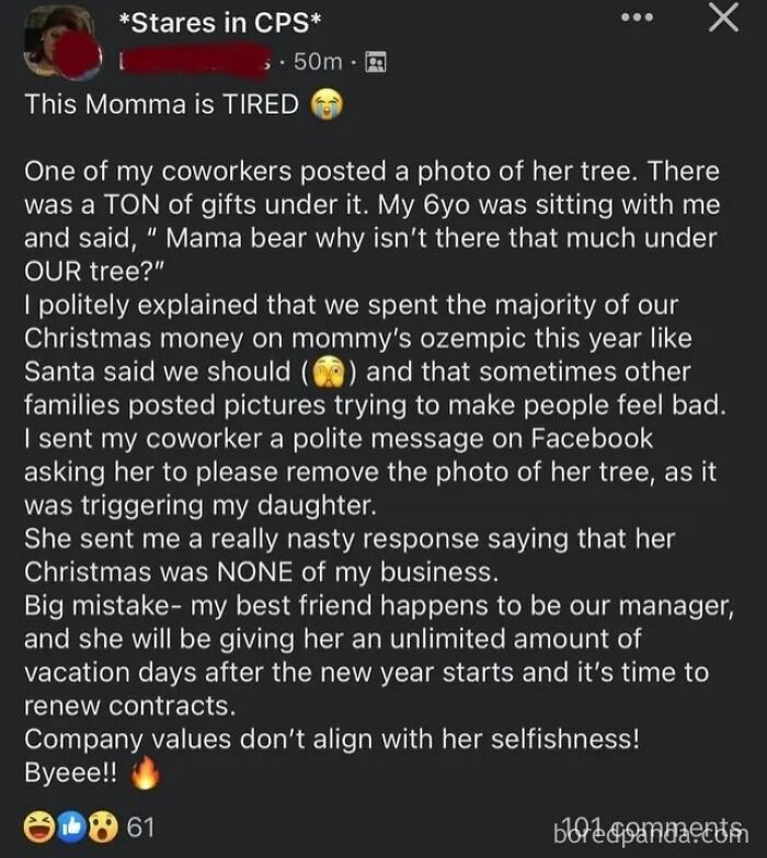A social media post about a coworker's gift-filled Christmas tree causing envy, showing main character behavior.