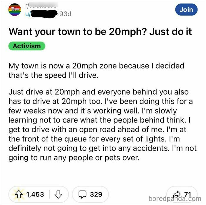 A Reddit post about someone who thinks they are the main character for driving 20mph, forcing others to follow.