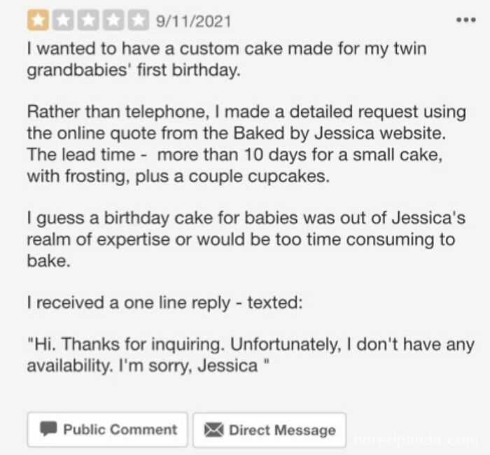 A negative review of a cake order, showing people who think they are the main character.