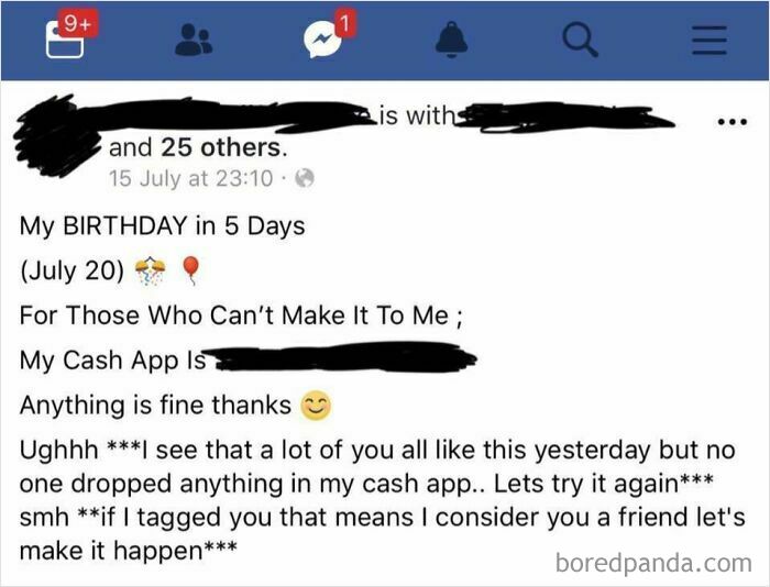 A social media post asking for money for a birthday, showing people who think they are the main character.