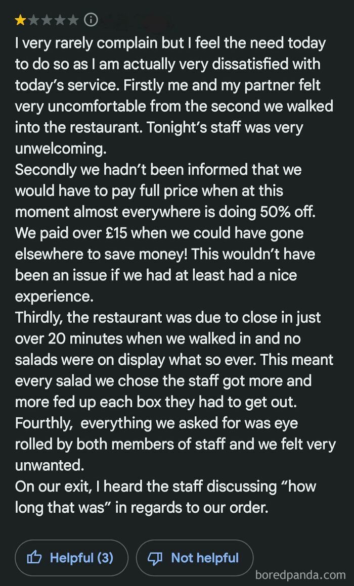 A negative restaurant review detailing poor service, illustrating people who think they're the main character in customer interactions.