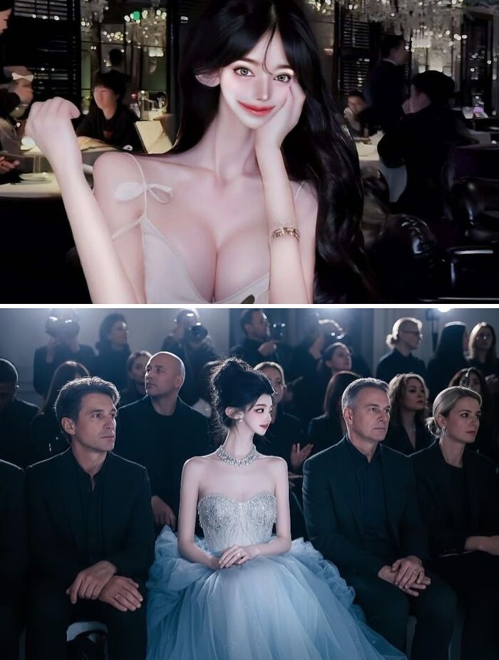 A woman with heavily edited features on social media, looking unnatural in two different scenes.