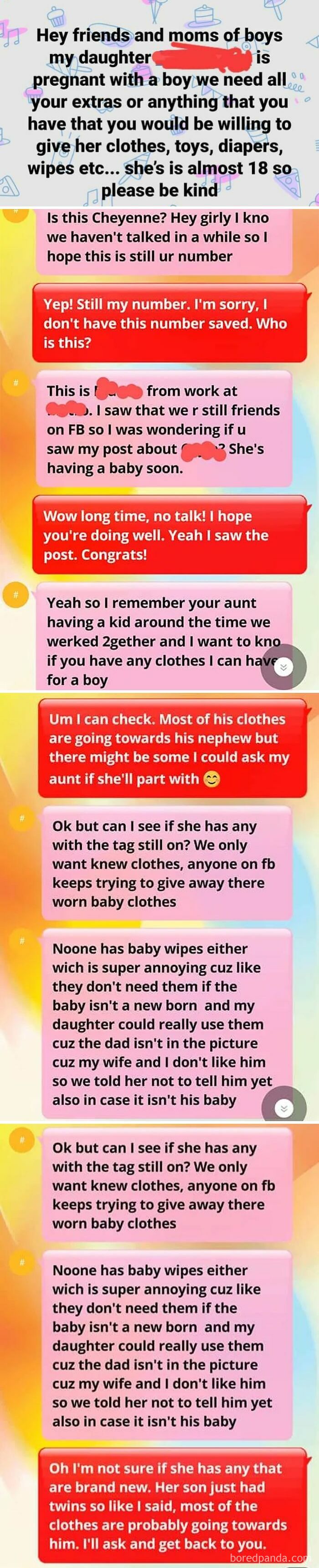 A series of text messages showing a choosing beggar asking for free baby clothes and other items for a daughter's baby.