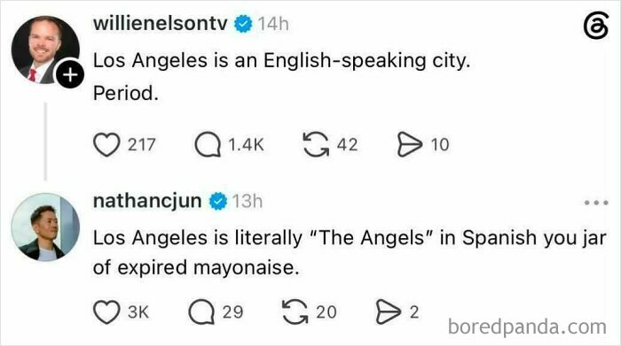 A Twitter exchange featuring two users, willienelsontv and nathancjun, with a clever clapback about Los Angeles.