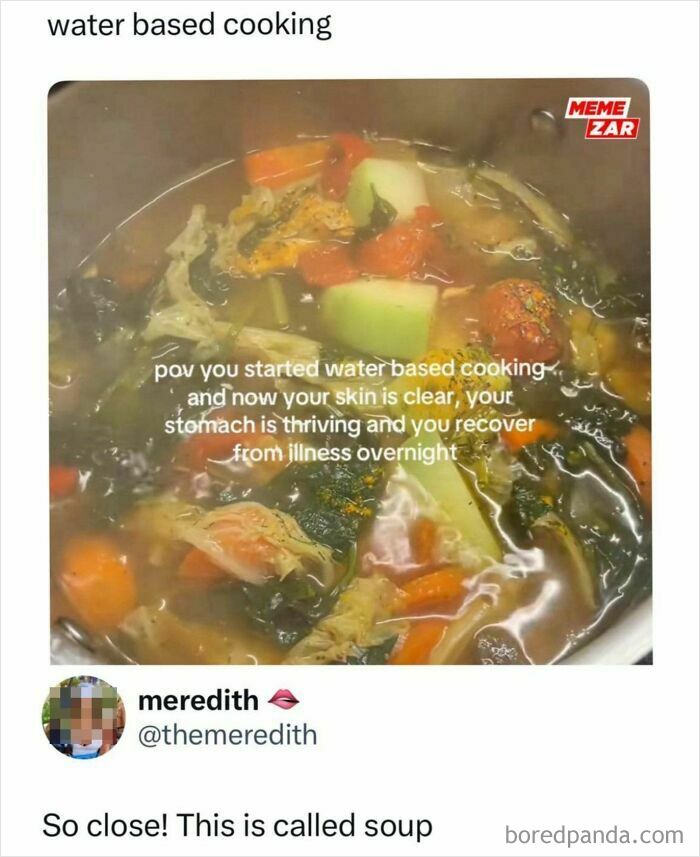 A pot of water-based cooking vegetables, humorously identified as soup, representing a delicious roast on a healthy trend.