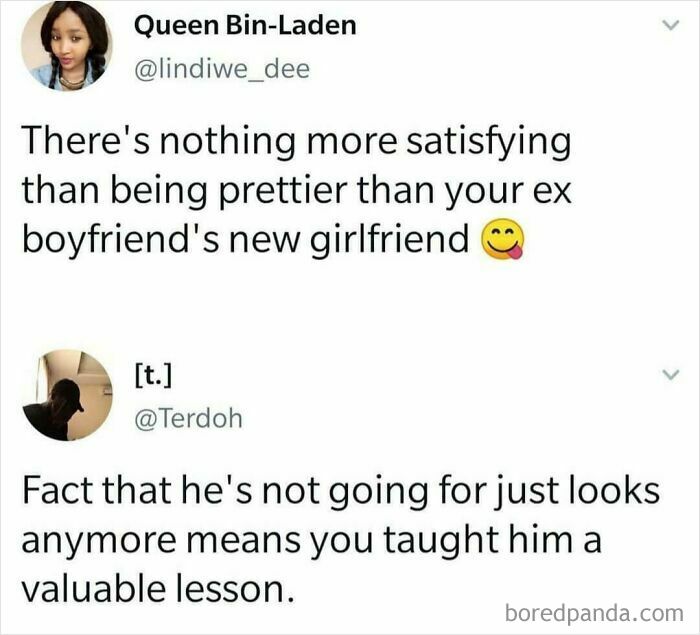 A social media post about being prettier than an ex-boyfriend's new girlfriend with a roast reply.